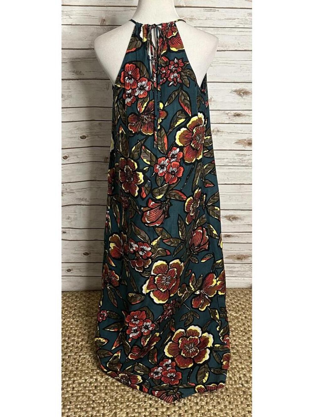 Ann Taylor LOFT teal floral linen-blend halter maxi dress XS coastal tropical - Picture 4 of 8